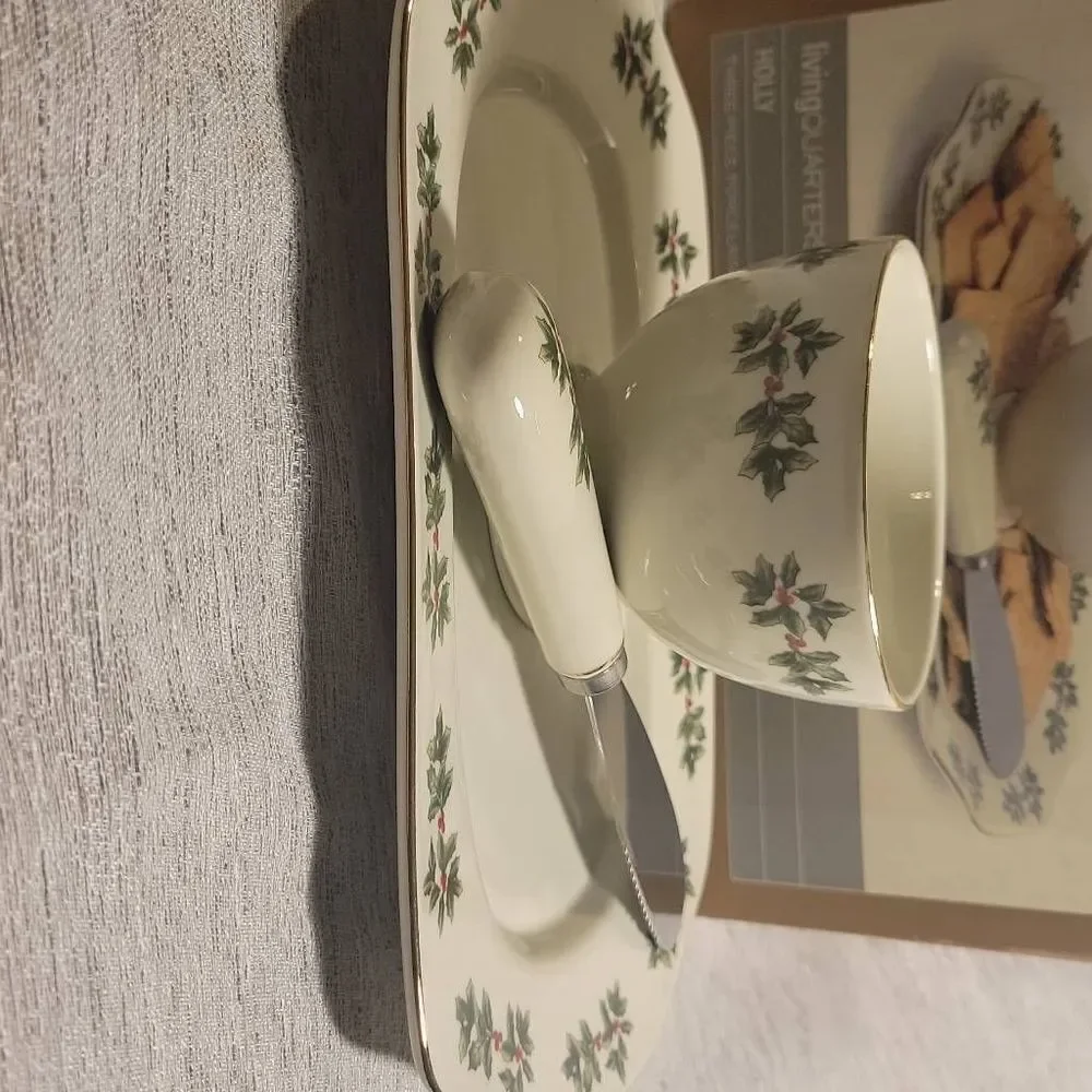 Living Quarters‎ Holiday Holly Christmas 3 Piece Pocelain Serving Ensemble